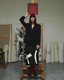 Model standing inside an art studio holding a red book above her head, wearing a black blazer and patterned midi skirt.