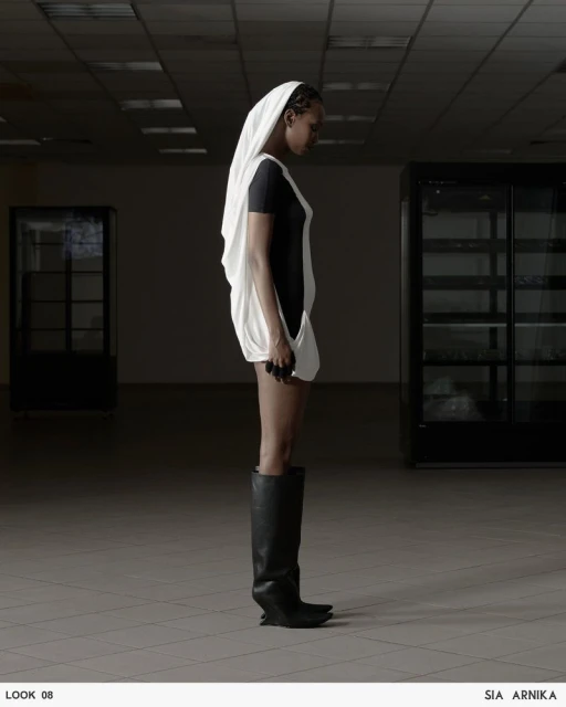Fashion model in a black and white dress and tall black boots poses indoors in a minimalist style with dark industrial backgrounds.