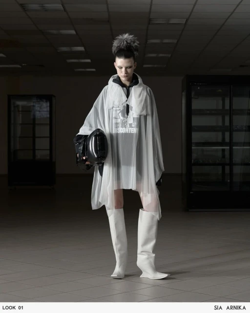 A fashion shot presents a model in a hooded cape, accessorized with white boots and a glossy helmet, set against a muted, dark indoor backdrop.