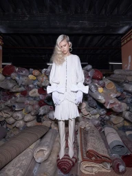 Model in white dress with bows and boots standing before stacks of rolled carpets