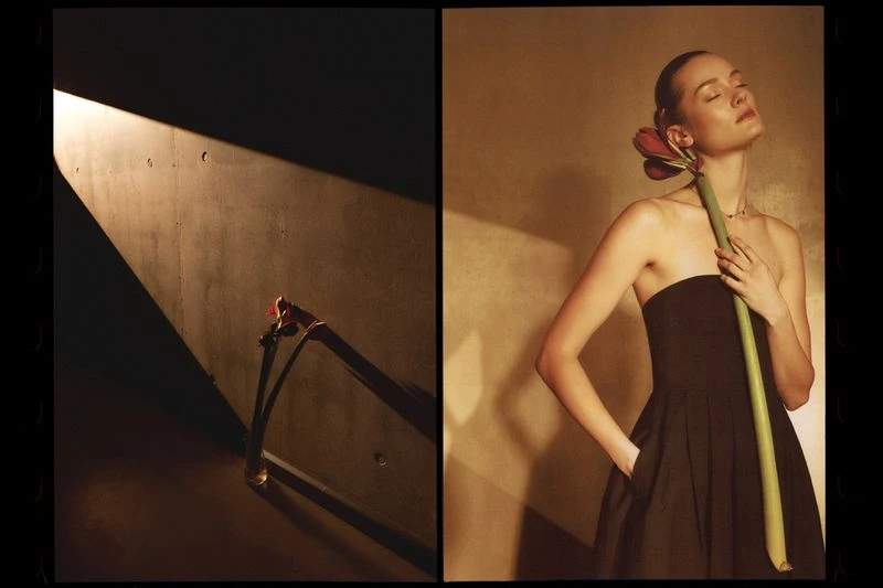 Woman in strapless dress poses with amaryllis flower against neutral backdrop, studio-lit portrait with contrast, shadow, and texture.
