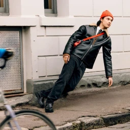 Man leaning back against a white building exterior wearing a black leather jacket, orange beanie, and dark trousers.