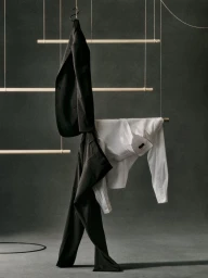 A black suit jacket, matching trousers, and a white button-up shirt suspended on wooden rods against a textured grey background.