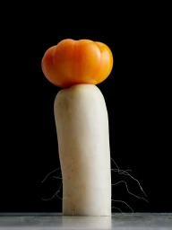 An orange ribbed tomato balanced on top of an upright white daikon radish against a solid black background.