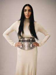 Model with long dark hair wearing a beige turtleneck dress and snakeskin waist belt against a neutral background