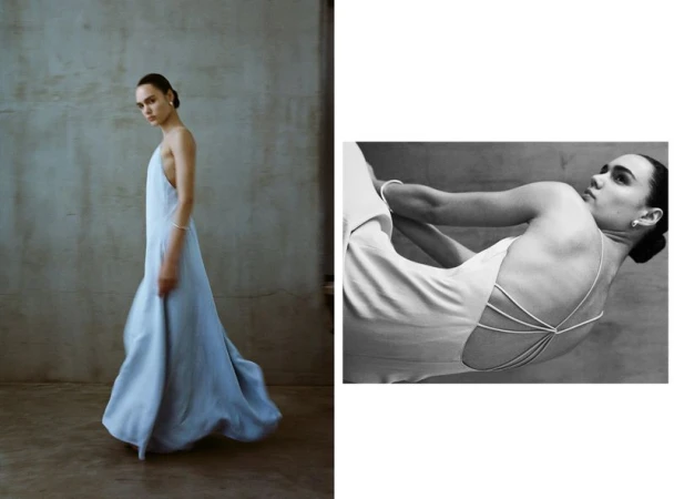 Fashion shot of an adult female model in a light blue dress, posing in a studio. Black and white detail shot included in the composition.