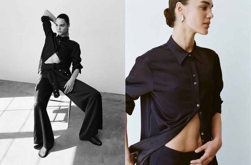Black and white fashion shot of a woman in an unbuttoned black shirt and black slacks posing on a chair, contrasted with a close-up view.