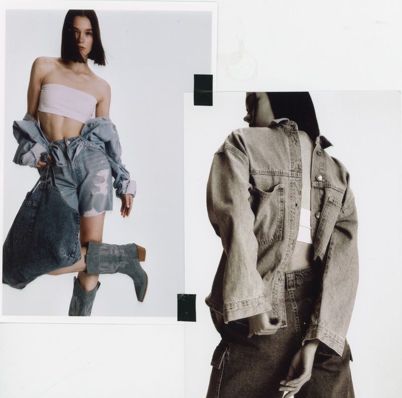 Two images are attached together in this fashion editorial shot; one depicts a model in a tube top, jean shorts, boots, and jacket.