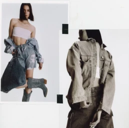Collage of two fashion photographs featuring models wearing denim jackets and blue jeans against a white background