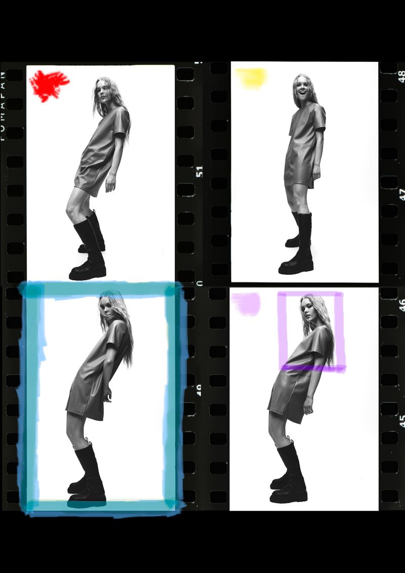Four black and white film frames show a woman posing in a studio wearing a short dress and boots, against a white background.