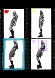 Contact sheet grid of a model in a short sleeve dress and black chunky boots against a white backdrop with colorful markup.