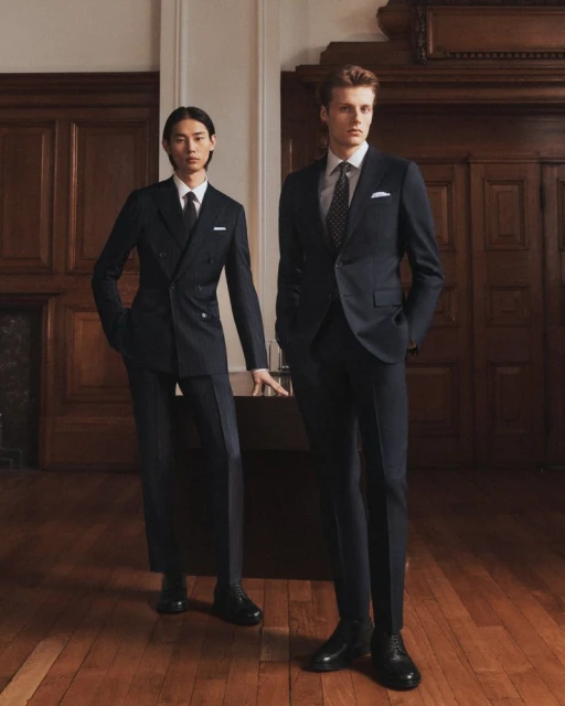 Two men in formal suits stand indoors, one in a double-breasted suit and the other in a classic suit, posing in a wood-paneled room.