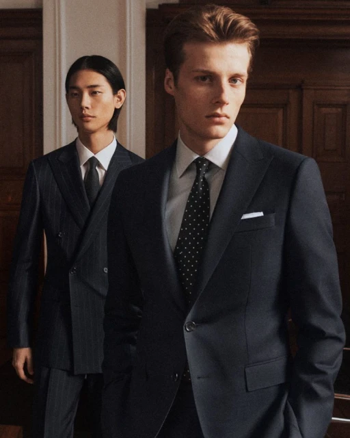 Two men in suits stand indoors. The first man has brown hair, and the second man has black hair and is wearing a pinstripe suit.