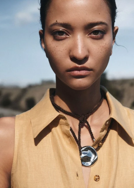 Close-up of a woman with freckles wearing a light-yellow dress and silver pendant necklace in an outdoor setting with natural light.
