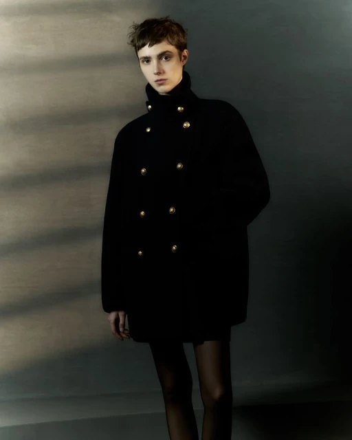 Fashion portrait of a young adult with short hair wearing a dark double-breasted coat with gold buttons in a studio setting.