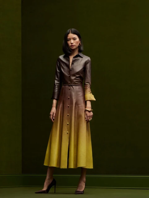 A full-length portrait of a young Asian woman in a brown and yellow ombre leather dress and brown heels against a green background.