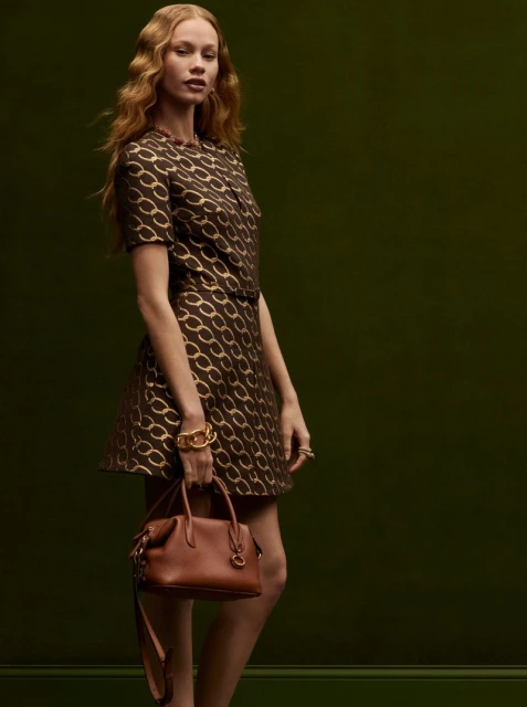 Fashion portrait of a woman in a brown patterned dress and gold jewelry, carrying a brown leather handbag against a green background.