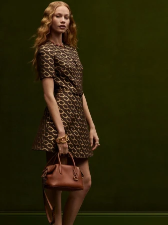 Fashion portrait of a woman in a brown patterned dress and gold jewelry, carrying a brown leather handbag against a green background.
