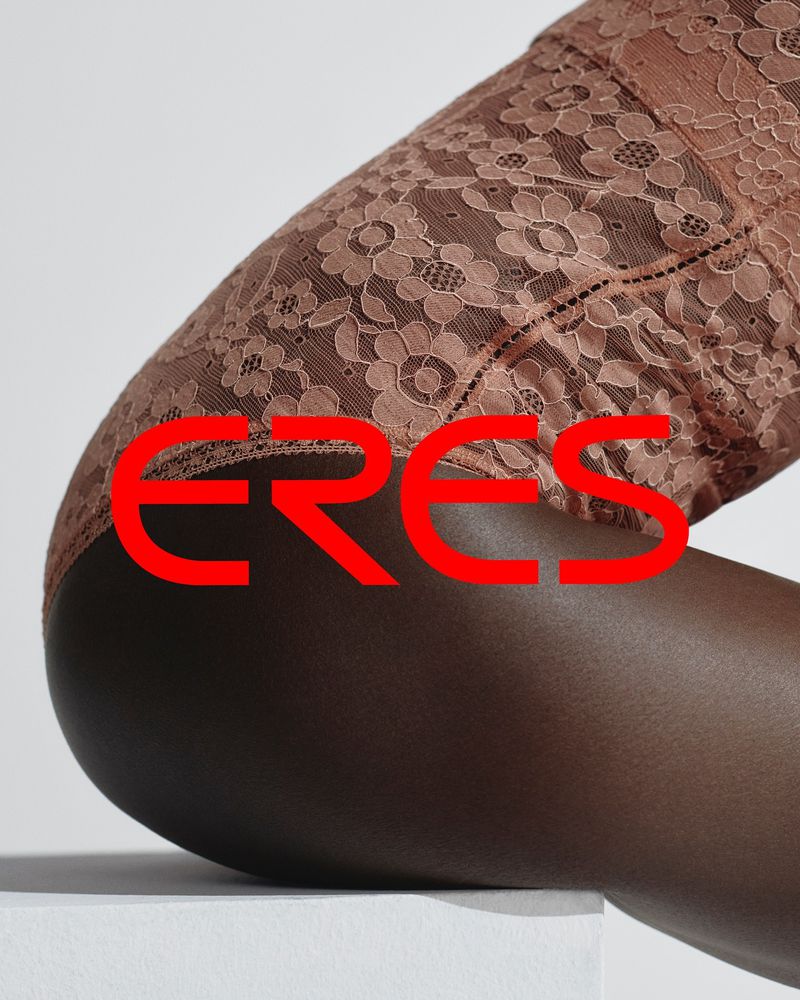 Close-up studio shot of an adult woman's hip and thigh, wearing a light brown lace brief, against a white background with red text.