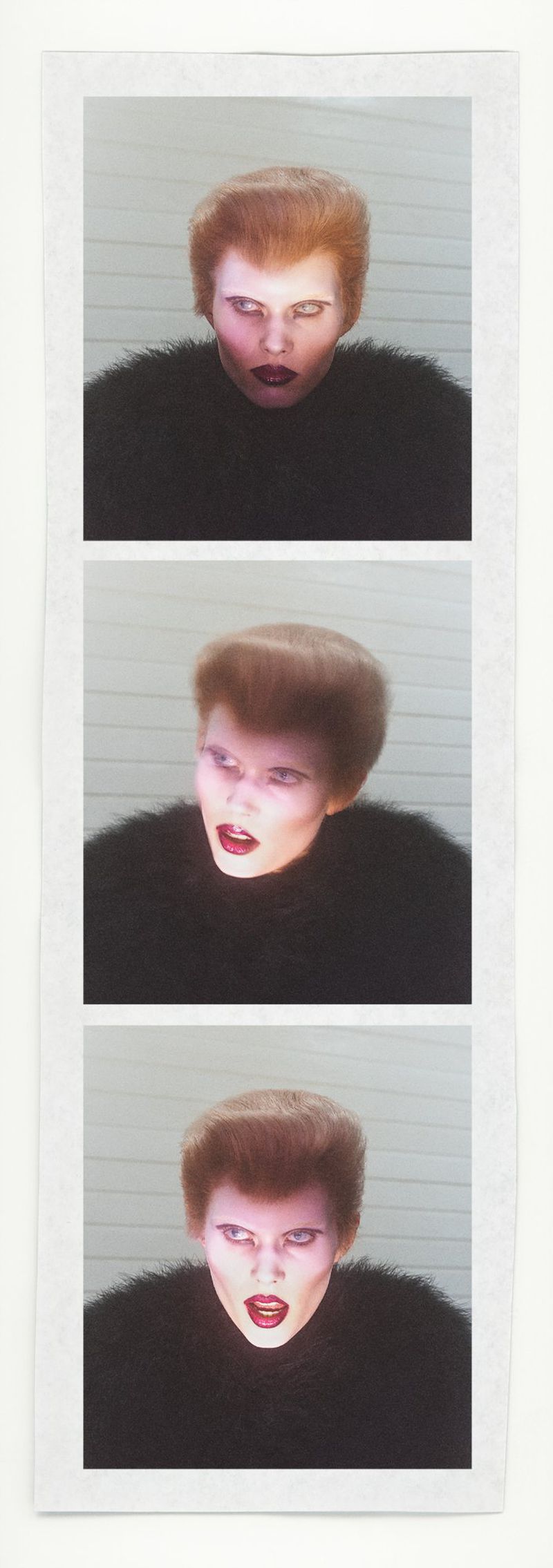 Three headshots of a person with orange hair and dark clothing, arranged vertically on a white background.