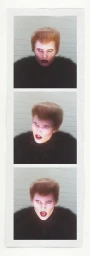Three vertical photo strip portraits of model Ida Heiner with sculpted hair and dramatic makeup wearing a black textured collar.