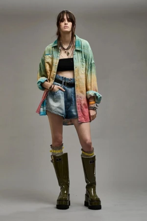 Adult woman wearing colorful shirt, denim shorts, and high boots in a studio fashion shot with a neutral background, looking at the camera.