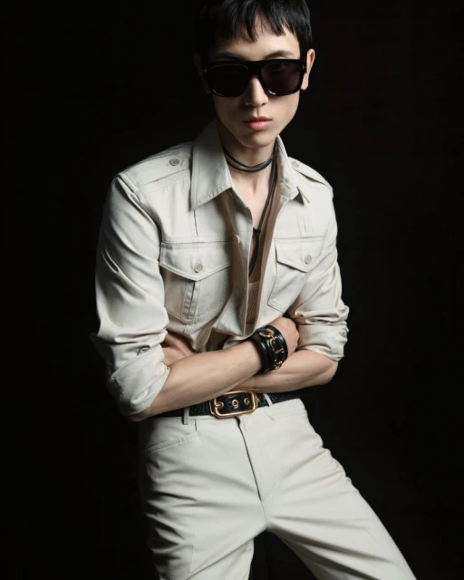 Person in a beige outfit and black sunglasses posing with arms crossed against a dark background in a fashion forward portrait.