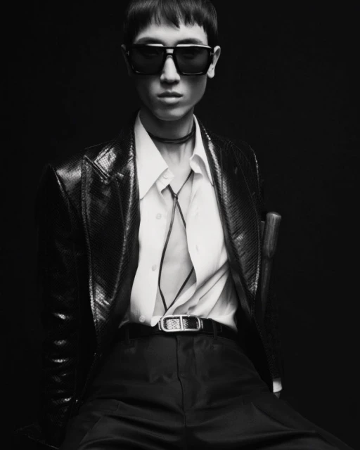 A person poses in black pants, snakeskin jacket, white shirt, and sunglasses against a dark background for a fashion editorial.