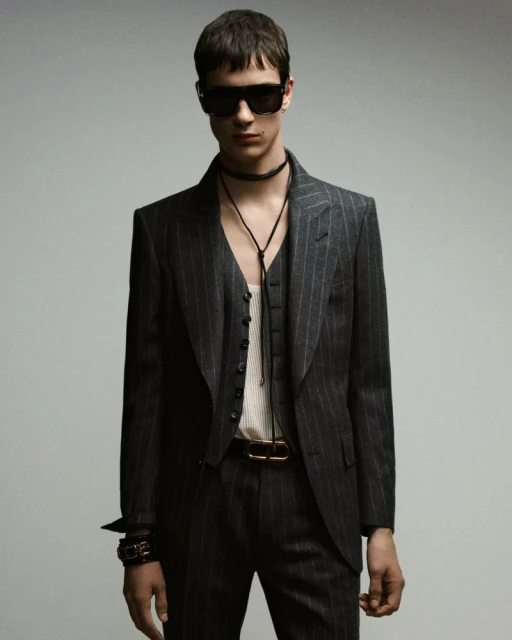 Fashionable young adult man in a pinstripe suit, vest, and sunglasses posing in a studio with a grey background. He wears jewelry and a belt.