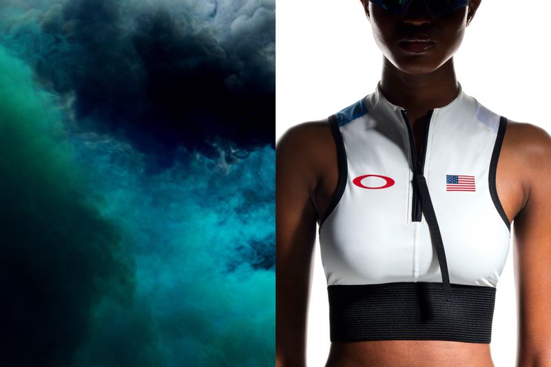 Close-up of a woman in athletic wear with an American flag, juxtaposed with a dark blue and turquoise smoky abstract background.