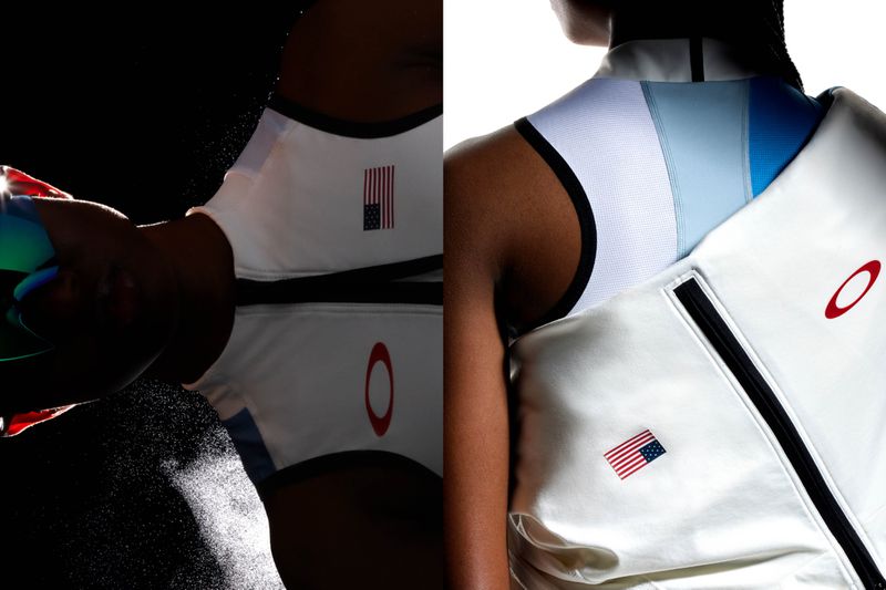 Split image featuring a dark-skinned woman in athletic wear with a USA flag patch and the Oakley logo; one side in shadow, the other brightly lit.