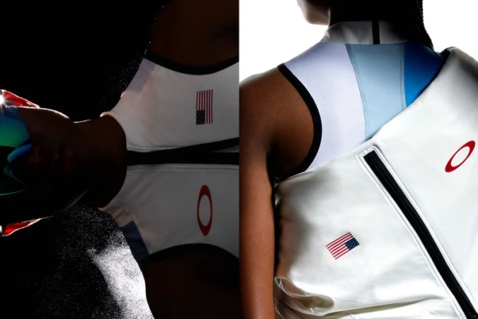 Split image featuring a dark-skinned woman in athletic wear with a USA flag patch and the Oakley logo; one side in shadow, the other brightly lit.