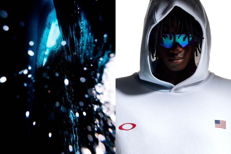 Split-screen image with a close-up of water and a man in a hoodie and sunglasses with the US flag against a bright background.