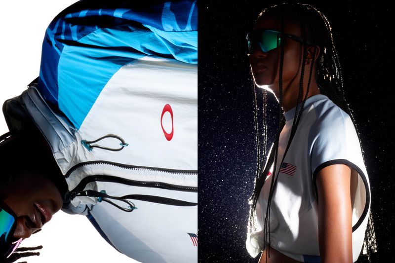 Split-screen featuring an African-American woman wearing reflective sunglasses and a white athletic shirt with an American flag, and a windbreaker.