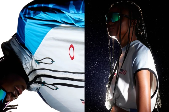 Split-screen featuring an African-American woman wearing reflective sunglasses and a white athletic shirt with an American flag, and a windbreaker.