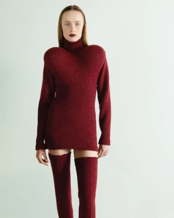 Model Rianne Van Rompaey wearing a sculpted burgundy knit turtleneck mini dress and matching thigh-highs on a pale seamless backdrop.