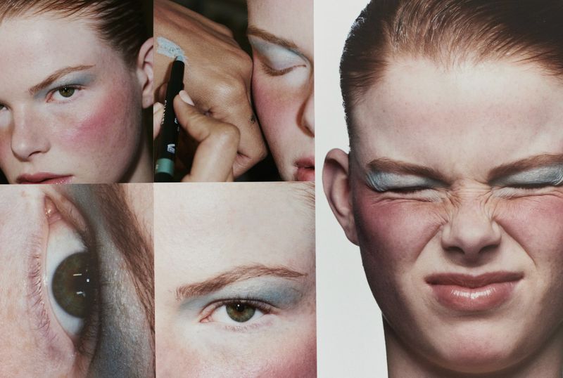 Beauty shot collage showcasing a fair-skinned young adult female's face with blue eyeshadow, dramatic blush, and facial expression.