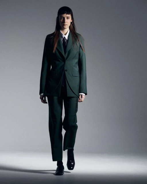 Fashionable adult female walks confidently in a stylish, dark-green pantsuit, white dress shirt, black tie, and black shoes against a gray backdrop.