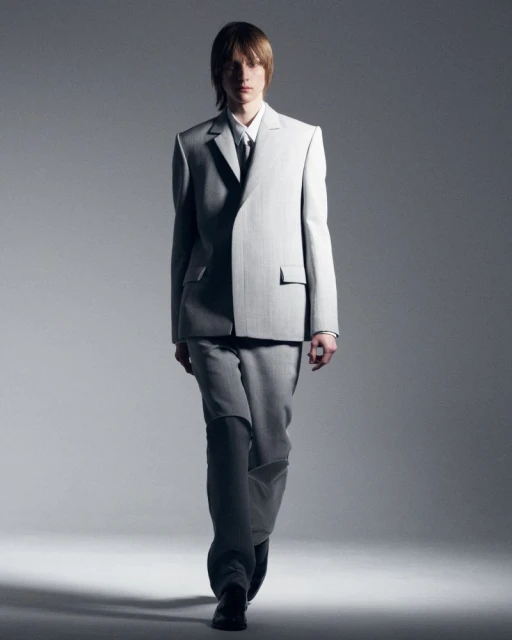 Man in a light grey suit walks forward in a studio setting with neutral gray background and modern, minimalistic style with soft lighting.