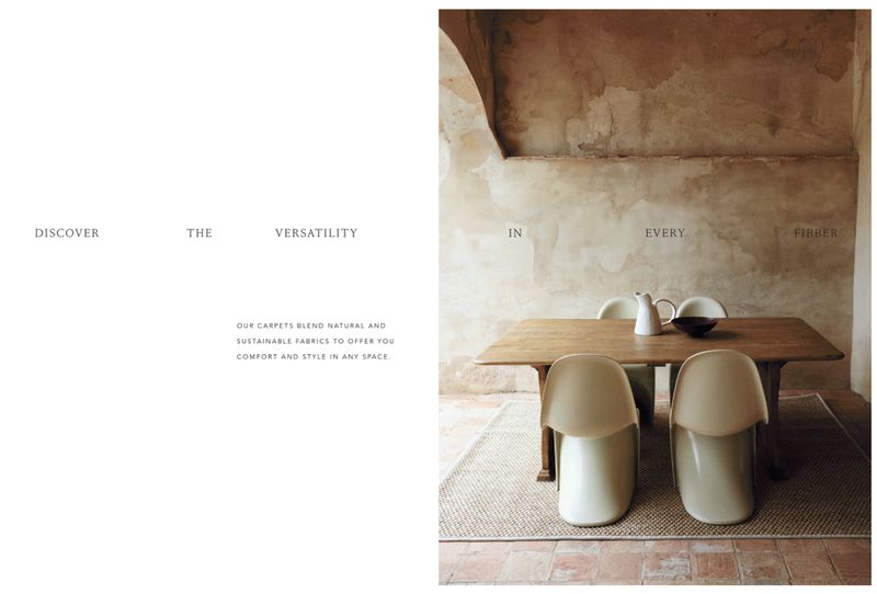 Interior photograph features a wooden dining table with chairs and a ceramic water pitcher set against a textured wall backdrop.