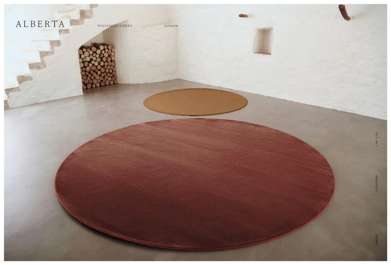 Minimalist interior with two round rugs in terracotta and beige on a smooth grey floor, white textured walls, and wooden logs.