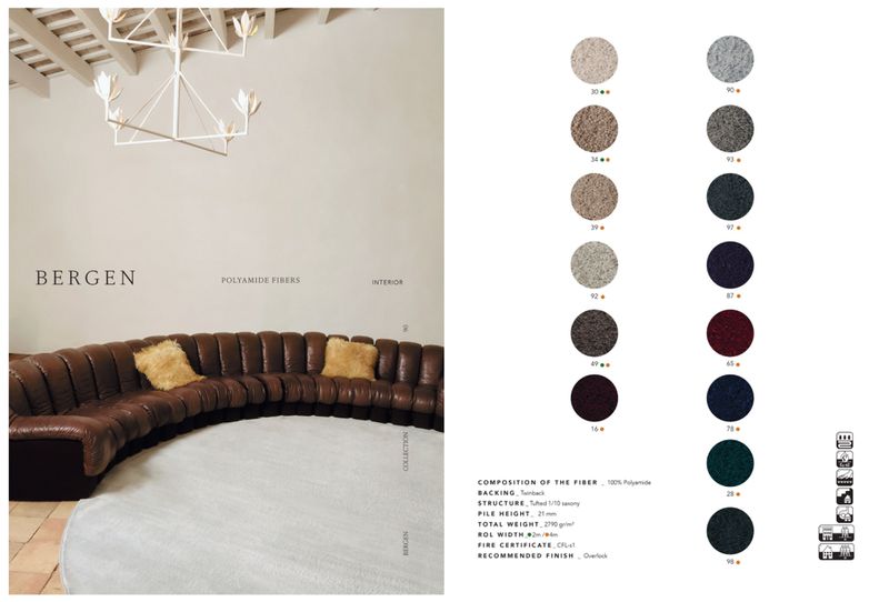 Interior design catalog page showcasing a brown leather sofa on a white rug, alongside color swatches and product details.