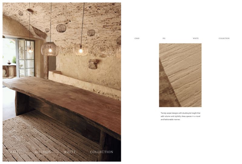 Rustic interior with long wooden table, pendant lights, stone walls, and a textured rug, complemented by carpet samples on a white background.