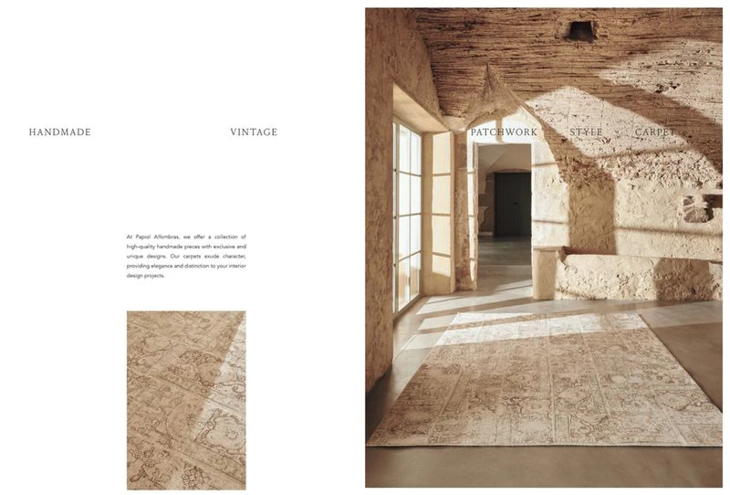 Interior design featuring a vintage patchwork carpet in a room with stone walls, an arched doorway, and natural light from a nearby window.