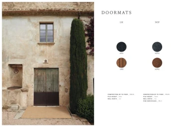 Catalog spread for Papiol doormats featuring a beige entrance mat outside a rustic stone building alongside material swatches and specs.