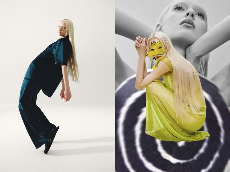 Two photos featuring a woman with long blonde hair in different fashion poses. One photo with blue pantsuit, one with a yellow dress and mask.