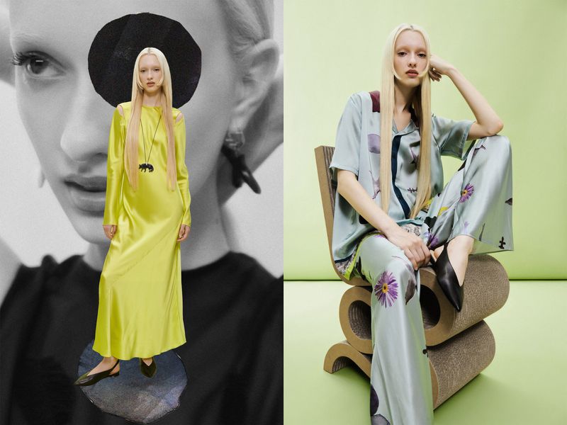 Two fashion shots: woman in yellow silk dress against a B&W face, and woman in pajamas sitting on a wavy cardboard chair.
