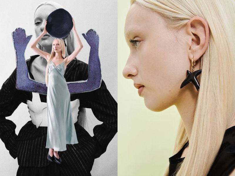 Fashion collage featuring a slender blonde model in a light blue dress, black heels, and a black hat, against a black and white striped suit.