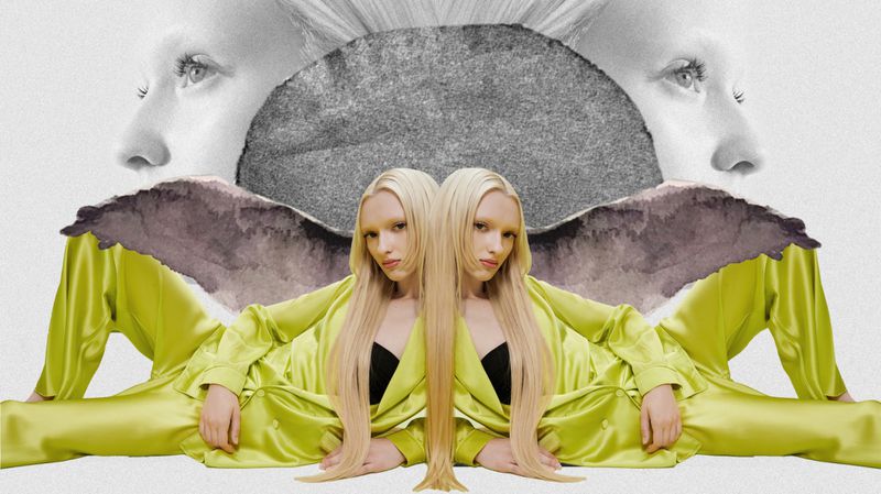 Surreal portrait featuring two mirrored women in chartreuse satin loungewear, set against a monochromatic collage background with torn edges.