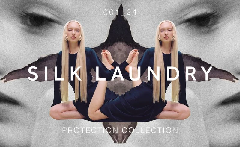 Fashion advertisement featuring a mirrored image of a woman with long blonde hair wearing a dark dress against a gray backdrop.